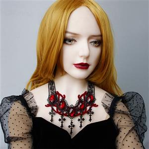 Victorian Gothic Ruby and Cross Pendant Choker See-through Lace Party Necklace J20105