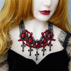 Victorian Gothic Ruby and Cross Pendant Choker See-through Lace Party Necklace J20105