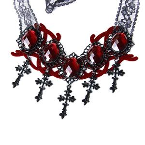 Victorian Gothic Ruby and Cross Pendant Choker See-through Lace Party Necklace J20105