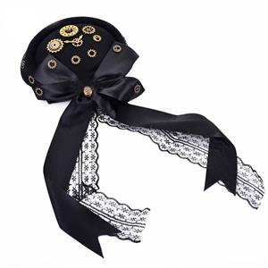 Victorian Gothic Black Lace and Bronze Gear Fascinator Masquerade Bowler-hat Hair Clip J19526