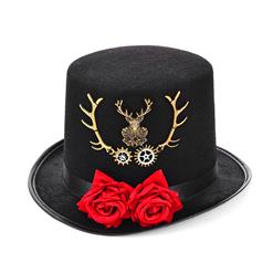 Victorian Gothic Red Rose and Bronze Metal Reindeer Antlers Fancy Party Costume Top Hat J19527