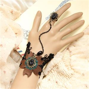 Victorian Style Black Floral Lace Wristband Flower Embellishment Bracelet with Ring J17904