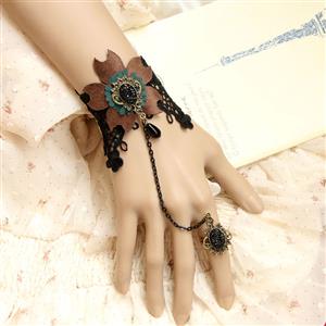Vintage Bracelet, Gothic Bracelet, Cheap Wristband, Gothic Black Lace Bracelet, Victorian Flower Bracelet, Retro Black Wristband, Bracelet with Ring, #J17904