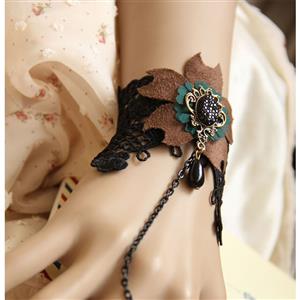Victorian Style Black Floral Lace Wristband Flower Embellishment Bracelet with Ring J17904