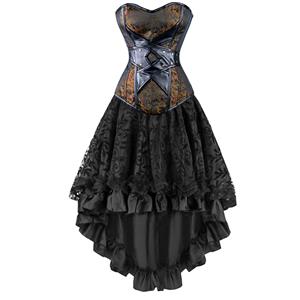 2Pcs Vintage Gothic Victorian Brocade Embroidery Overbust Corset With Lace Dancing Skirt Set N12135