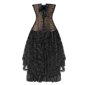 2Pcs Vintage Gothic Victorian Brocade Embroidery Overbust Corset With Lace Dancing Skirt Set N12135