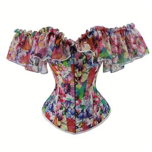 Sexy Retro Floral Print Off Shoulder Ruffles 12 Plastic Boned Body Shaper Overbust Corset N22231