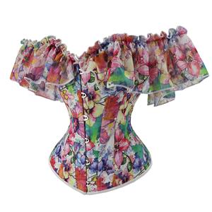 Sexy Retro Floral Print Off Shoulder Ruffles 12 Plastic Boned Body Shaper Overbust Corset N22231