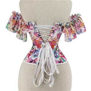 Sexy Retro Floral Print Off Shoulder Ruffles 12 Plastic Boned Body Shaper Overbust Corset N22231