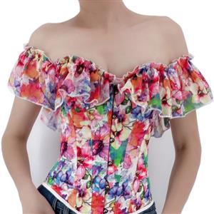 Sexy Retro Floral Print Off Shoulder Ruffles 12 Plastic Boned Body Shaper Overbust Corset N22231