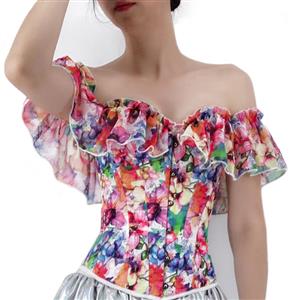 Sexy Retro Floral Print Off Shoulder Ruffles 12 Plastic Boned Body Shaper Overbust Corset N22231