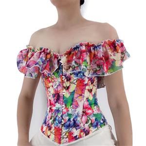 Sexy Retro Floral Print Off Shoulder Ruffles 12 Plastic Boned Body Shaper Overbust Corset N22231