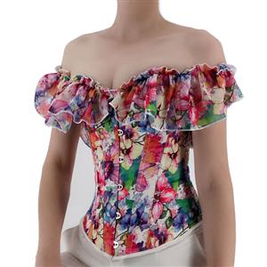 Sexy Retro Floral Print Off Shoulder Ruffles 12 Plastic Boned Body Shaper Overbust Corset N22231