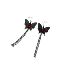 Victorian Gothic Black Butterfly with Ruby and Chains Earrings J18441