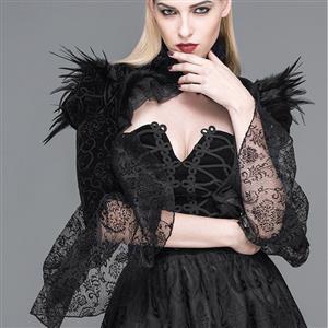 Victorian Gothic Black Chicken Feather High Neck Long Sleeve Shawl N22373