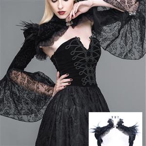 Victorian Gothic Black Chicken Feather High Neck Long Sleeve Shawl N22373