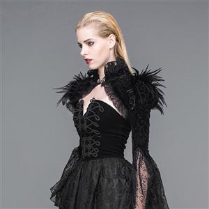 Victorian Gothic Black Chicken Feather High Neck Long Sleeve Shawl N22373