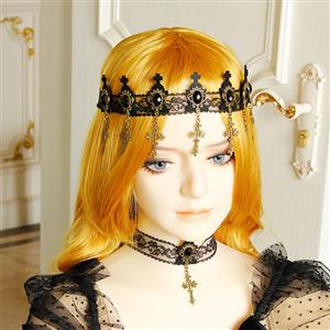 Victorian Gothic Black Floral Lace Gem and Cross Tiara Hair Accessory J19186