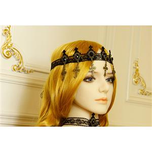 Victorian Gothic Black Floral Lace Gem and Cross Tiara Hair Accessory J19186