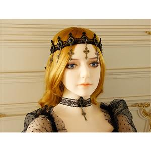 Victorian Gothic Black Floral Lace Gem and Cross Tiara Hair Accessory J19186