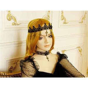 Victorian Gothic Black Floral Lace Gem and Cross Tiara Hair Accessory J19186