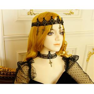 Victorian Gothic Black Floral Lace Gem and Cross Tiara Hair Accessory J19186