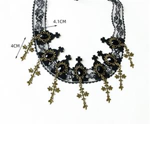 Victorian Gothic Black Floral Lace Gem and Cross Tiara Hair Accessory J19186