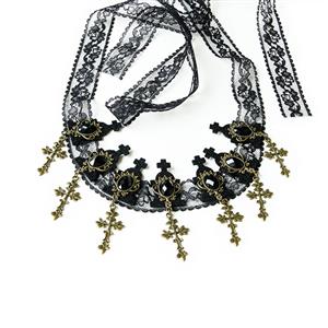 Victorian Gothic Black Floral Lace Gem and Cross Tiara Hair Accessory J19186