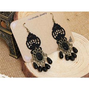 Victorian Gothic Black Floral Lace Bronze Metal with Gem and Beads Drop Earrings J18411