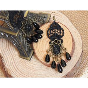 Victorian Gothic Black Floral Lace Bronze Metal with Gem and Beads Drop Earrings J18411