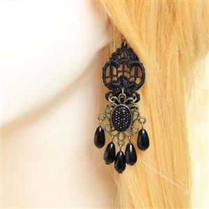 Victorian Gothic Black Floral Lace Bronze Metal with Gem and Beads Drop Earrings J18411