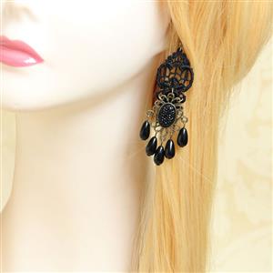 Victorian Gothic Black Floral Lace Bronze Metal with Gem and Beads Drop Earrings J18411