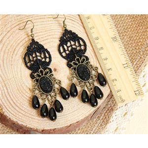 Victorian Gothic Black Floral Lace Bronze Metal with Gem and Beads Drop Earrings J18411