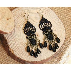 Victorian Gothic Black Floral Lace Bronze Metal with Gem and Beads Drop Earrings J18411