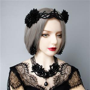 Victorian Gothic Black Flower Queen Hair Clip Anime Cosplay Party Accessory Headband J20104