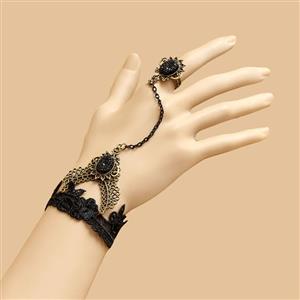 Victorian Gothic Black Floral Lace Wristband Gem Embellishment Bracelet with Ring J17887