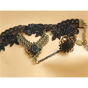 Victorian Gothic Black Floral Lace Wristband Gem Embellishment Bracelet with Ring J17887