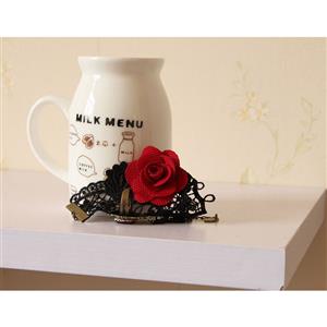 Victorian Gothic Black Floral Lace Wristband Red Rose Embellishment Bracelet with Ring J17888