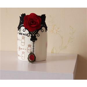 Victorian Gothic Black Floral Lace Wristband Red Rose Embellishment Bracelet with Ring J17888