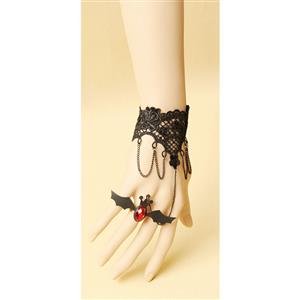 Victorian Gothic Black Lace Wristband with Bat Embellishment Ring J17909