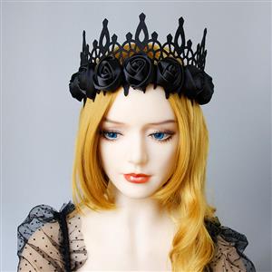 Victorian Gothic Black Rose Queen Tiara Hairband Cosplay Party Accessory J19693