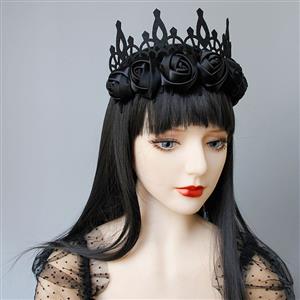 Victorian Gothic Black Rose Queen Tiara Hairband Cosplay Party Accessory J19693