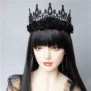 Victorian Gothic Black Rose Queen Tiara Hairband Halloween Cosplay Party Accessory J19694