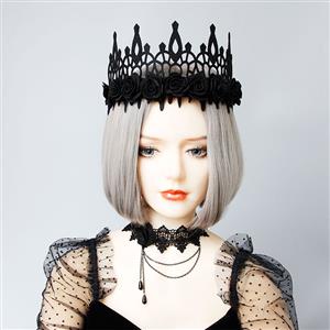 Victorian Gothic Black Rose Queen Tiara Hairband Halloween Cosplay Party Accessory J19694