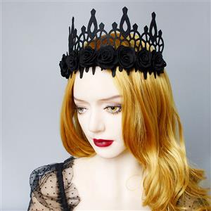 Victorian Gothic Black Rose Queen Tiara Hairband Halloween Cosplay Party Accessory J19694