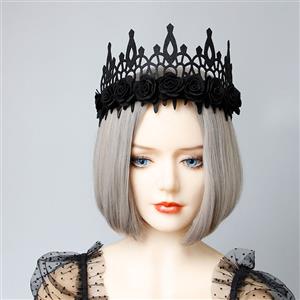 Victorian Gothic Black Rose Queen Tiara Hairband Halloween Cosplay Party Accessory J19694