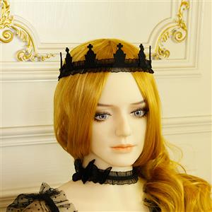 Victorian Gothic Black Ruffle and Cross Tiara Hairband Accessory J19187