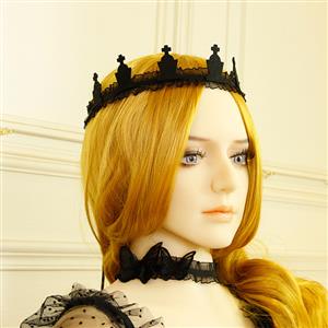 Victorian Gothic Black Ruffle and Cross Tiara Hairband Accessory J19187