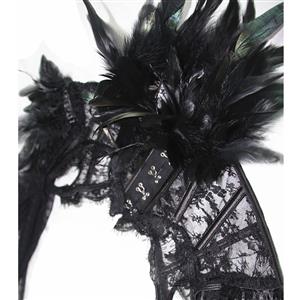 Victorian Gothic Black Feather High Neck Sheer Long Mesh Cape Corset Shrug N19597