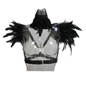 2Pcs Victorian Gothic Black Feather Collar Scarf And Shoulder Armor Corset Accessories N20196